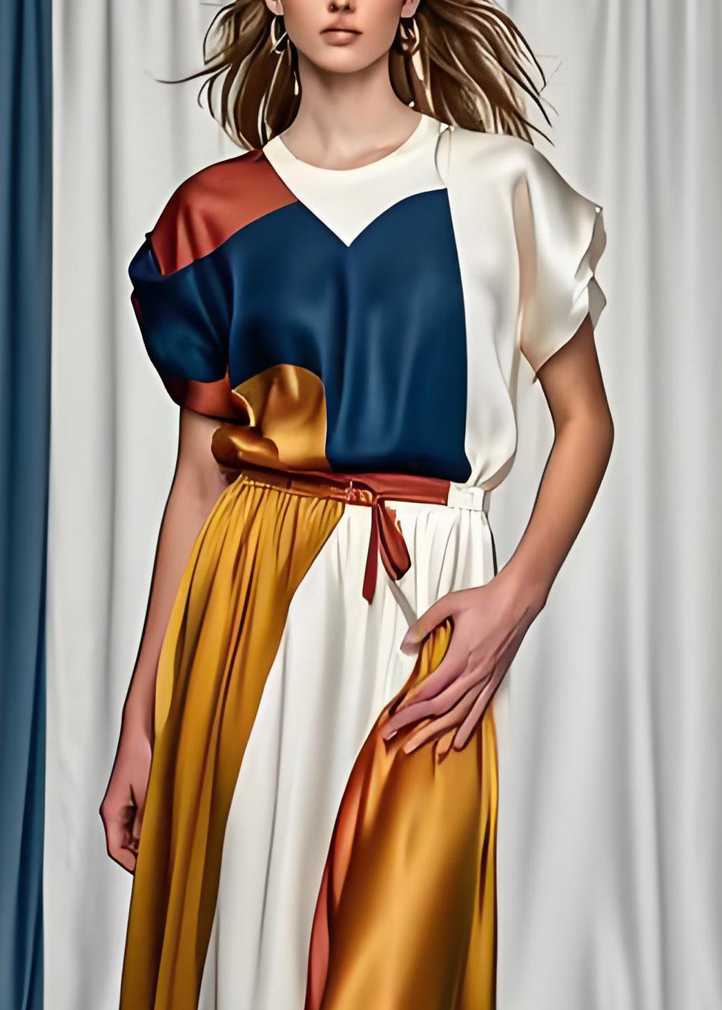 Geometric Print Crew Neck Cap Sleeve Tie Waist Satin Maxi Dress