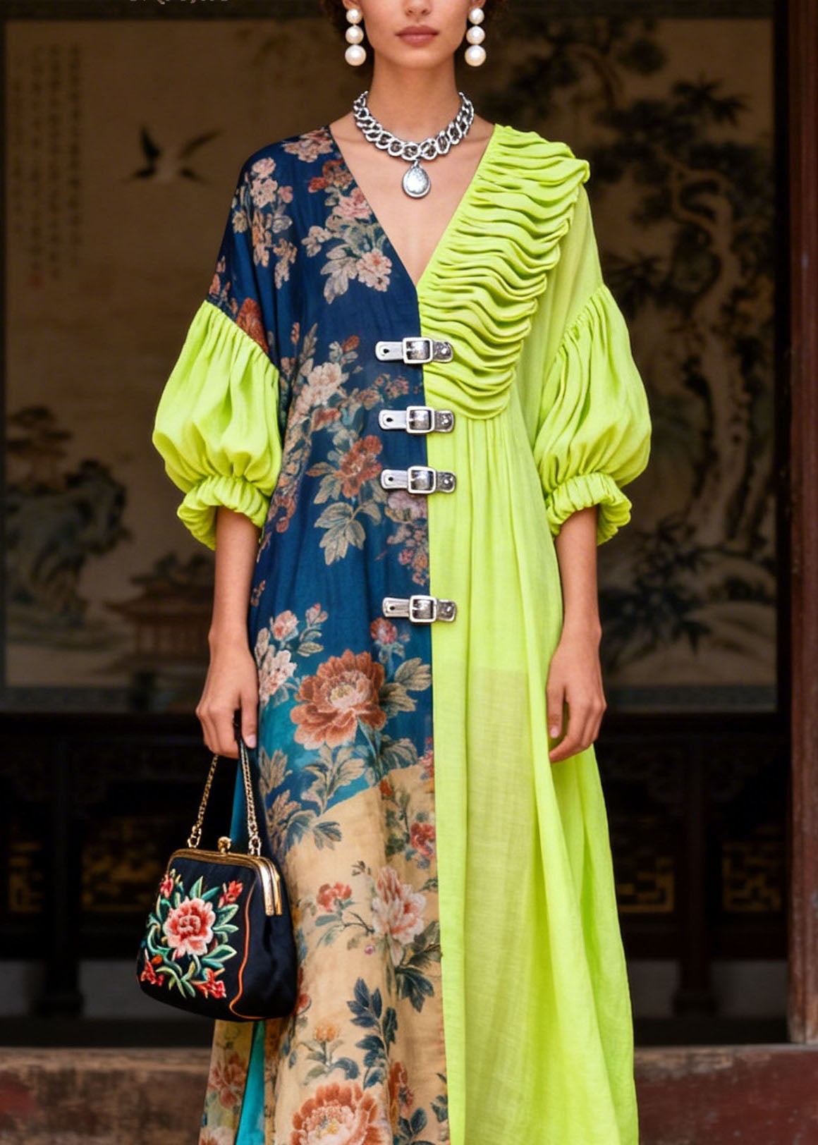 Boutique Colorblock V Neck Wrinkled Patchwork Cotton Robe Dresses Summer