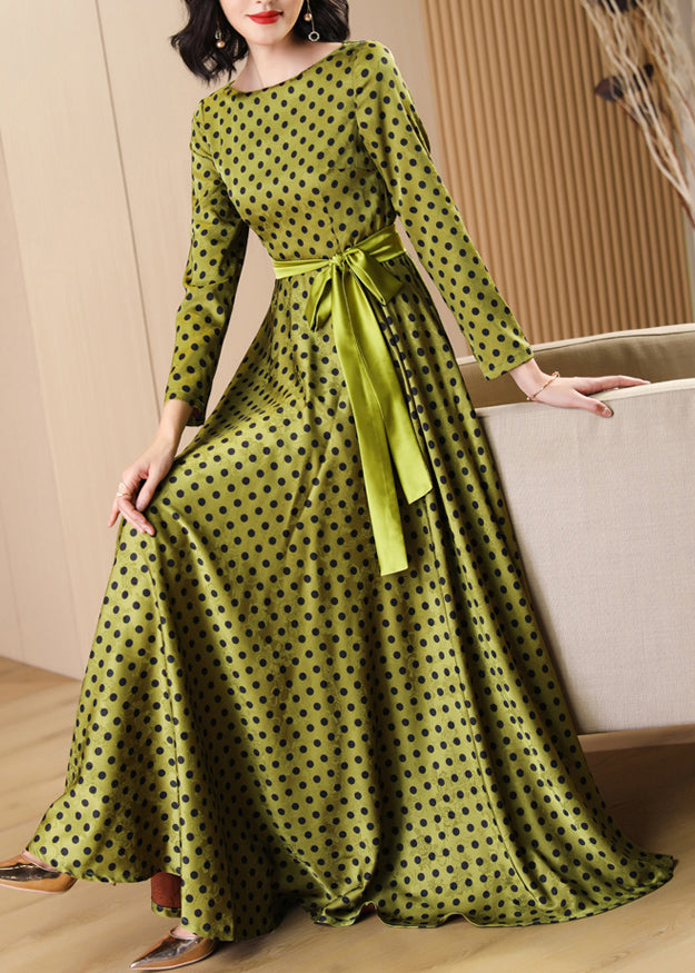 Polka Dot Crew Neck Long Sleeve Sash Tie Waist Fit and Flare Maxi Dress