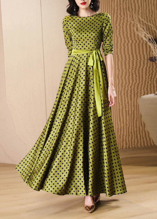 Polka Dot Crew Neck Long Sleeve Sash Tie Waist Fit and Flare Maxi Dress