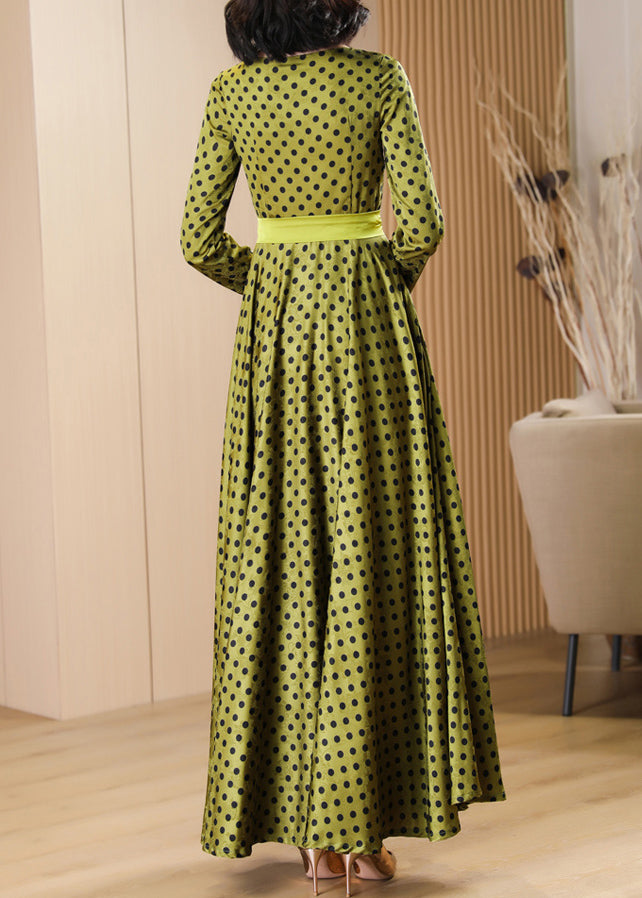 Polka Dot Crew Neck Long Sleeve Sash Tie Waist Fit and Flare Maxi Dress