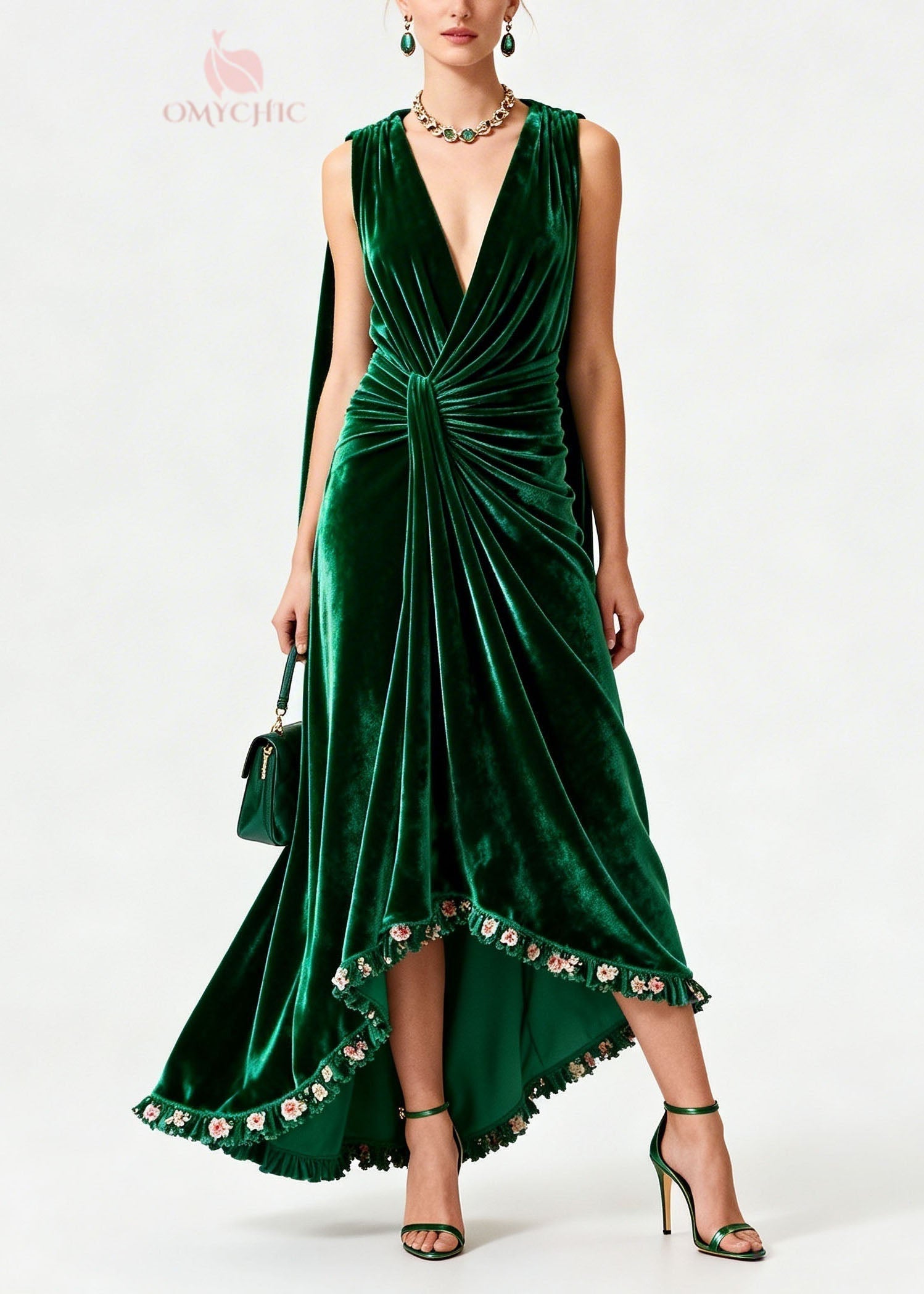Velvet Deep V-Neck Sleeveless Knot Waist Ruffle Floral Trim High Low Gown