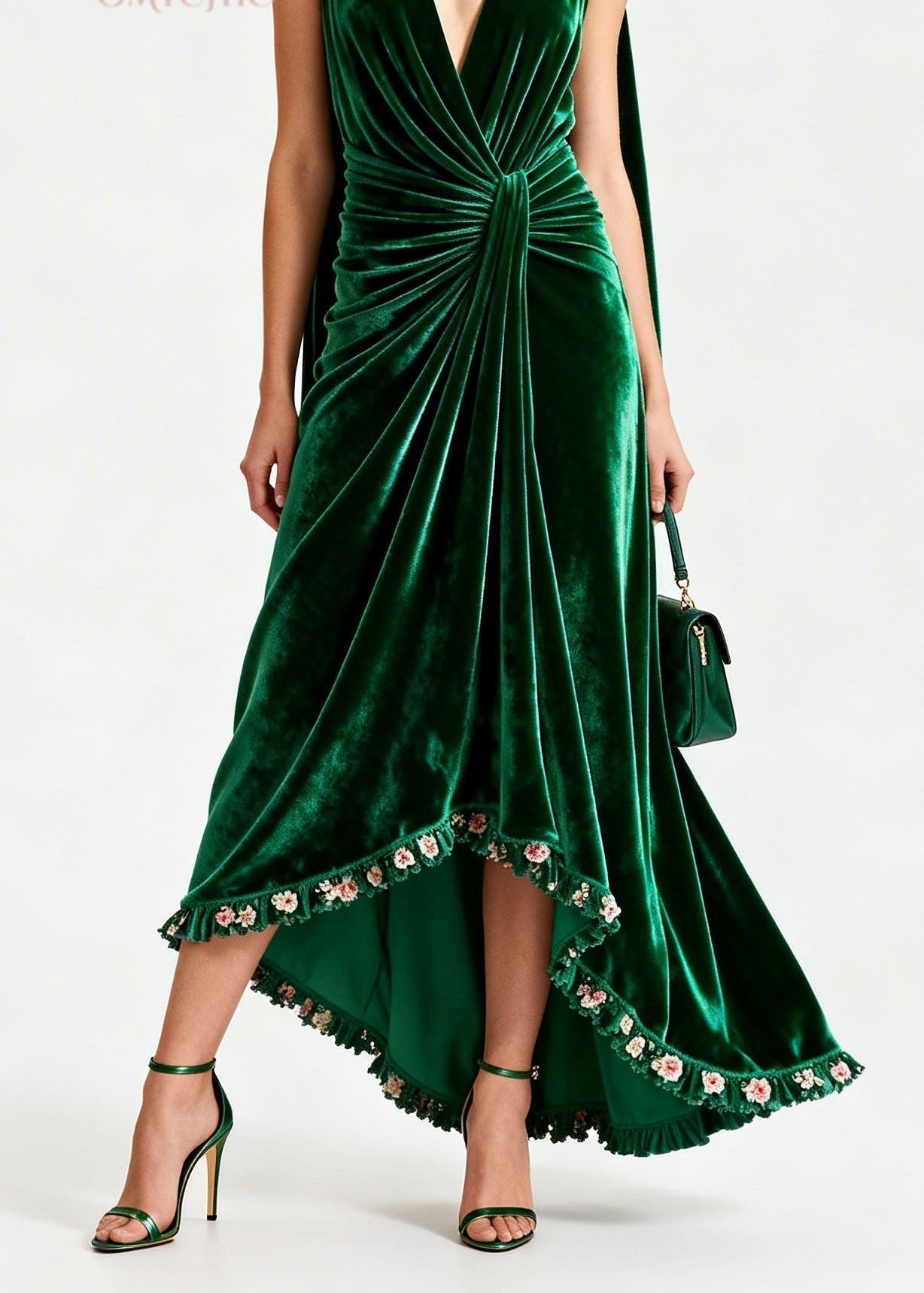 Velvet Deep V-Neck Sleeveless Knot Waist Ruffle Floral Trim High Low Gown