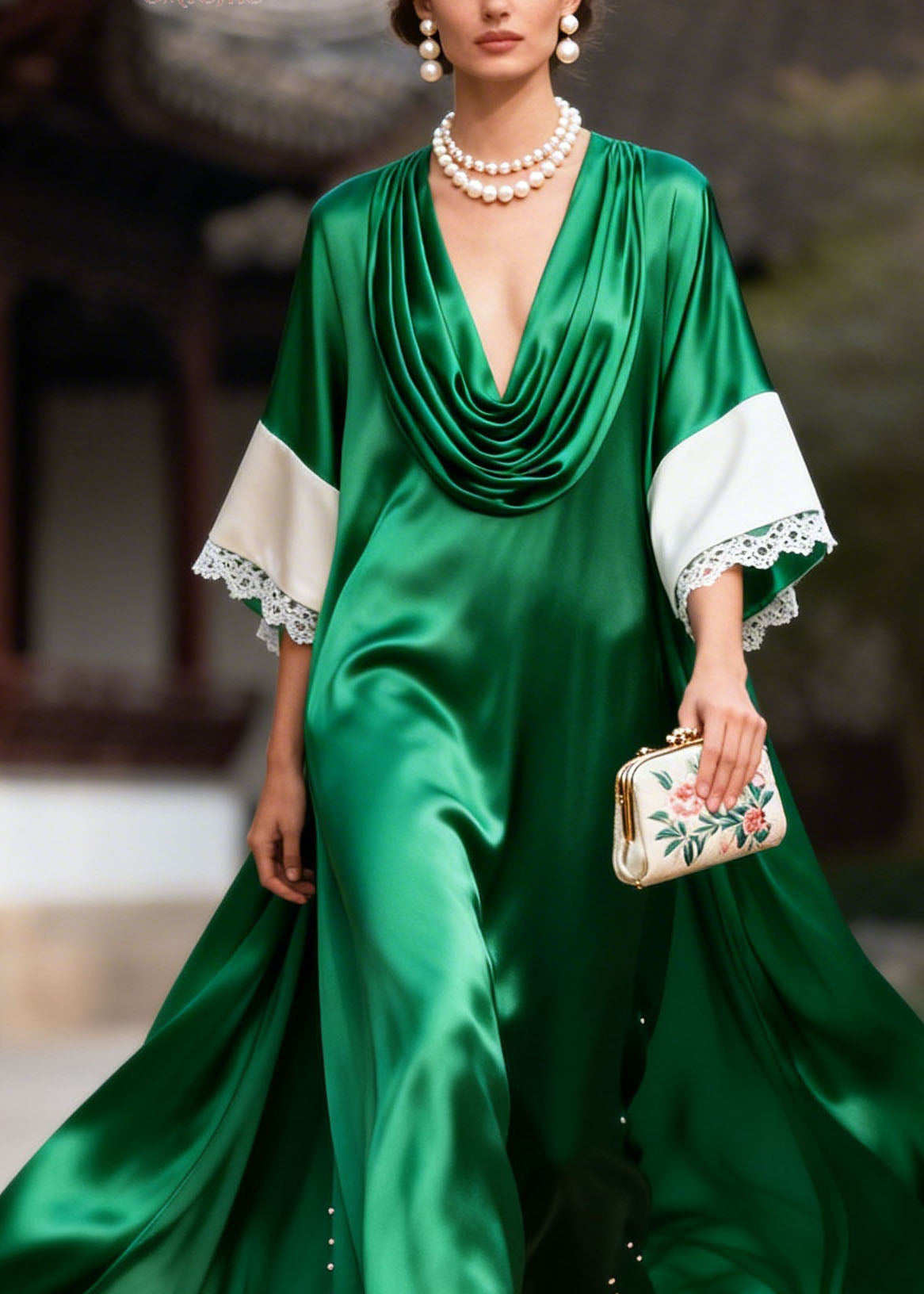 Satin Cowl Neck Wide Sleeve Lace Trim Pearl Embellished Maxi Gown