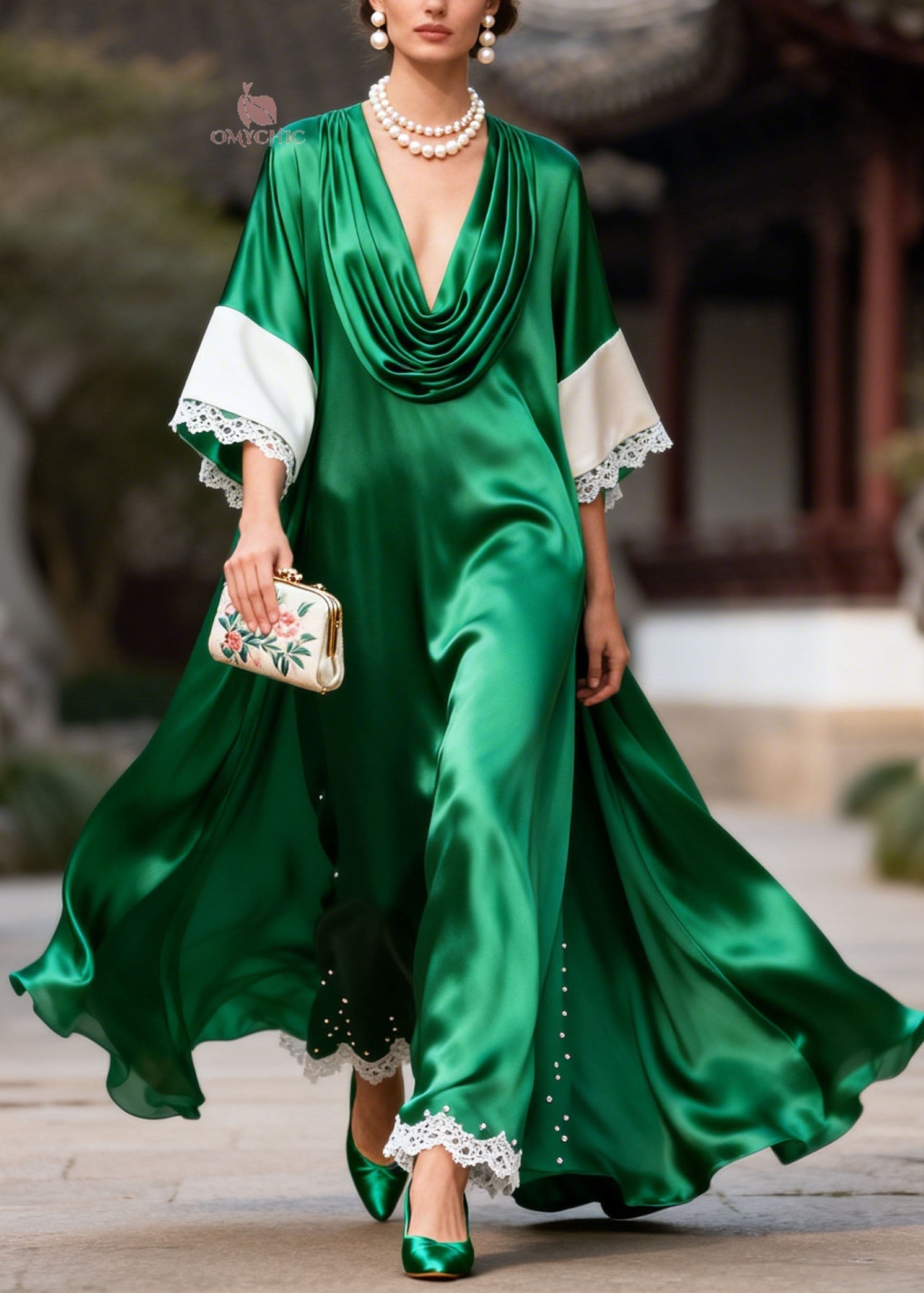 Boutique Green Lace Patchwork Nail Bead Silk Dress Summer