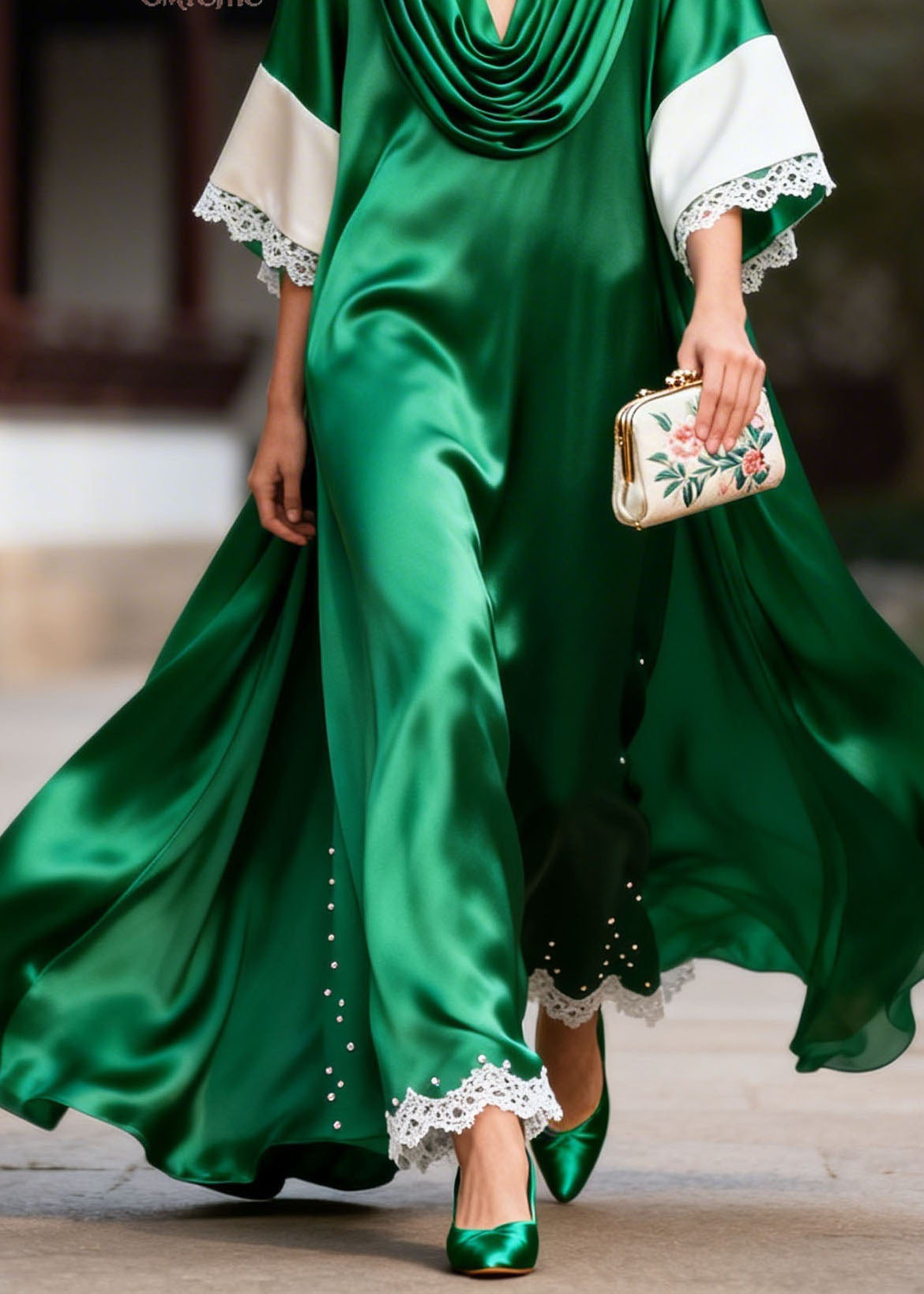 Satin Cowl Neck Wide Sleeve Lace Trim Pearl Embellished Maxi Gown