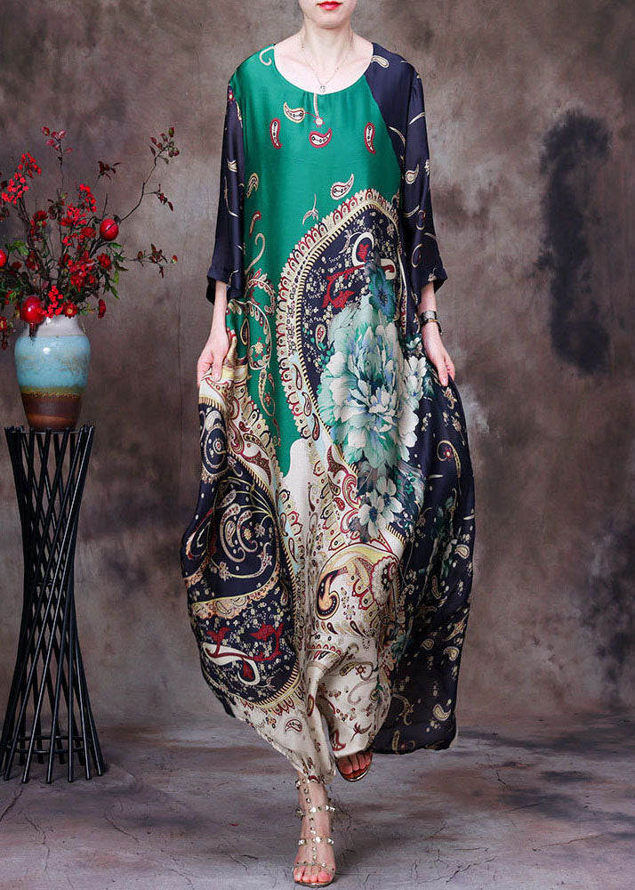 Mixed Print Round Neck Half Sleeve Patchwork Kaftan Maxi Dress
