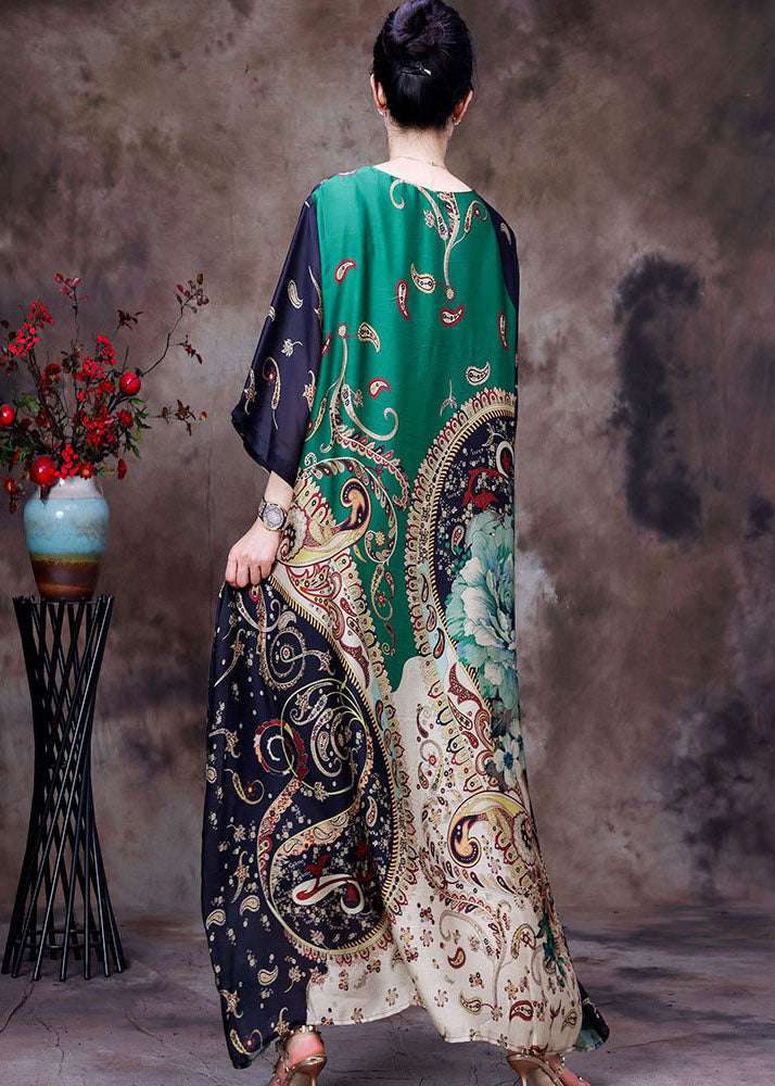 Mixed Print Round Neck Half Sleeve Patchwork Kaftan Maxi Dress