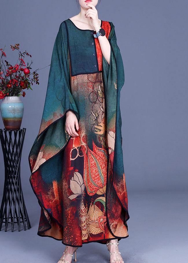 Boutique Green Print Button Retro O-Neck Summer Silk Dresses