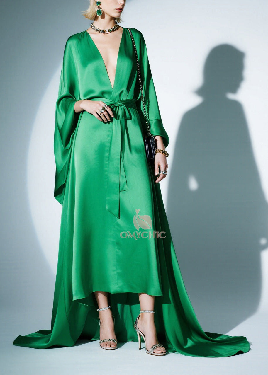 Satin Deep V-Neck Batwing Sleeve Tie Waist High Low Maxi Gown