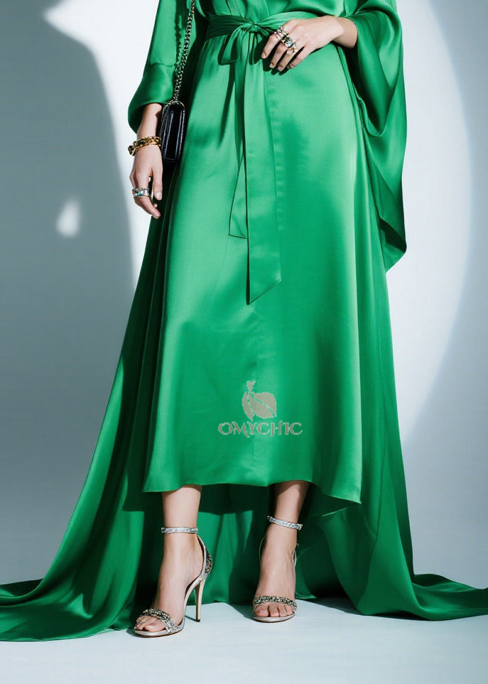Satin Deep V-Neck Batwing Sleeve Tie Waist High Low Maxi Gown