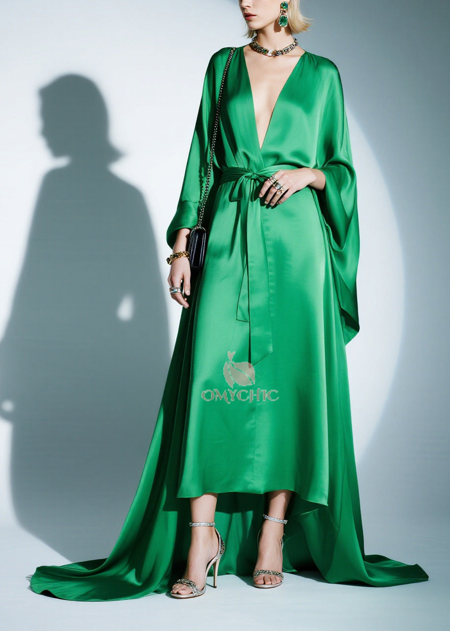 Satin Deep V-Neck Batwing Sleeve Tie Waist High Low Maxi Gown
