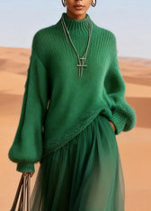 Boutique Green Turtleneck Knit Blended Patchwork Tulle Maxi Dress Lantern Sleeve 2