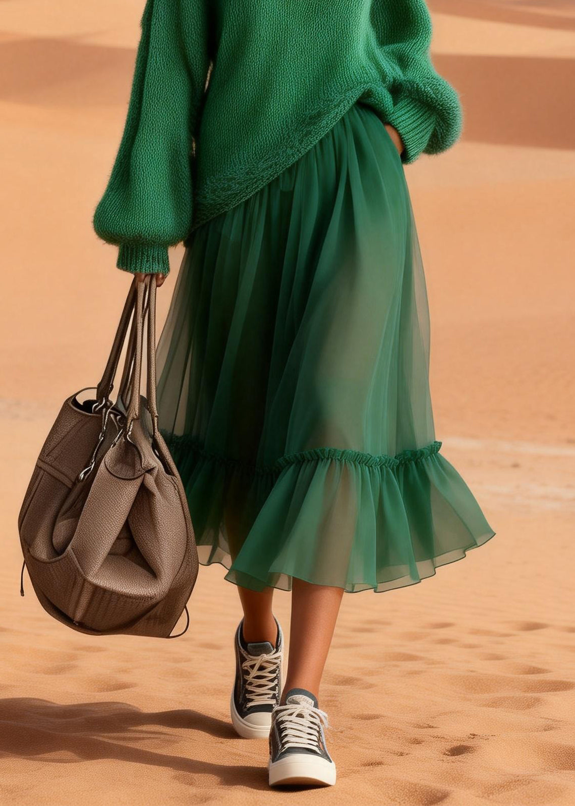 Boutique Green Turtleneck Knit Blended Patchwork Tulle Maxi Dress Lantern Sleeve 4