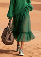 Boutique Green Turtleneck Knit Blended Patchwork Tulle Maxi Dress Lantern Sleeve 4