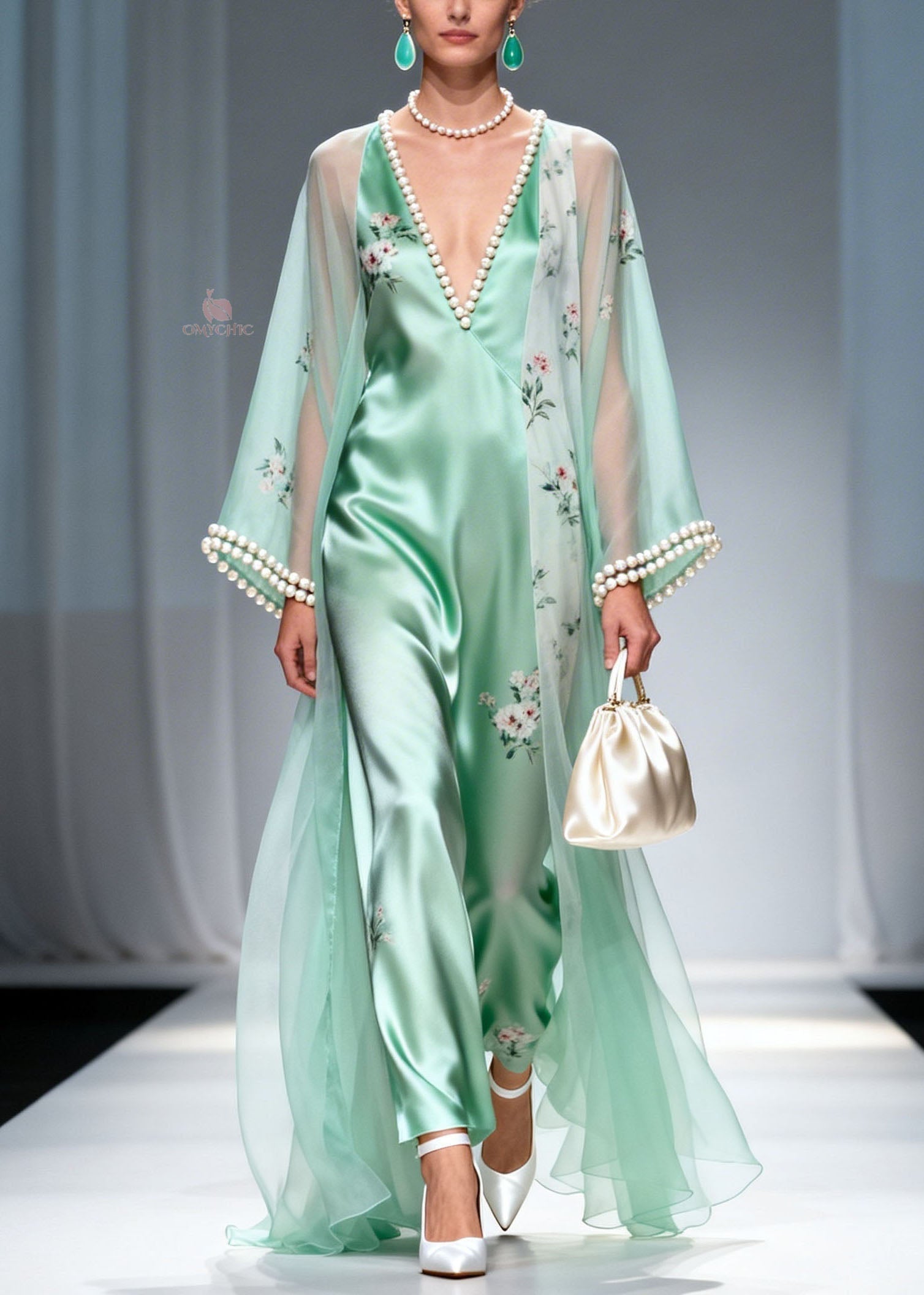 Satin Floral Deep V-Neck Pearl Trim Wide Leg Jumpsuit Sheer Robe Set