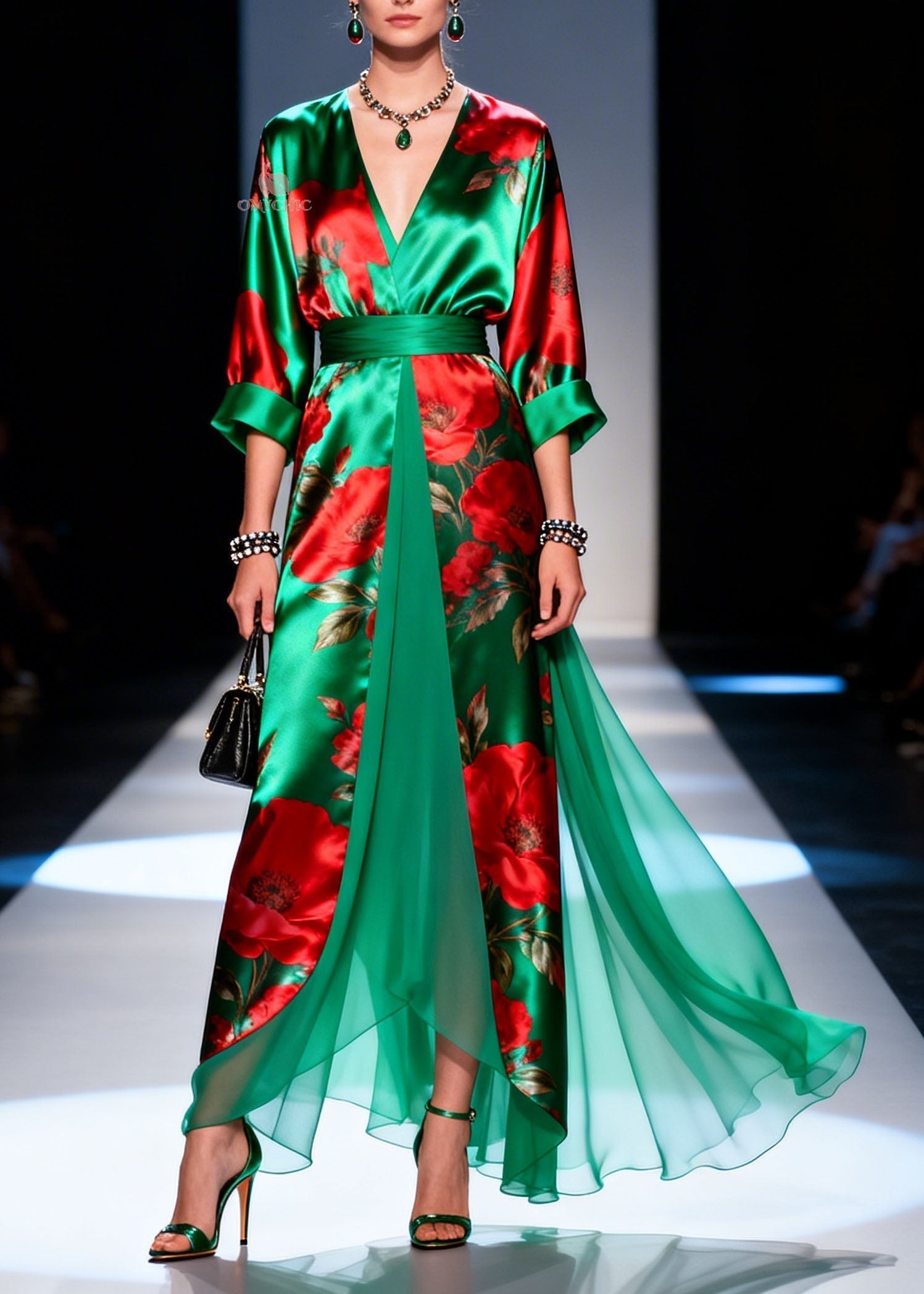 Floral Print Satin Wrap Deep V-Neck Belted Chiffon Panel Maxi Gown