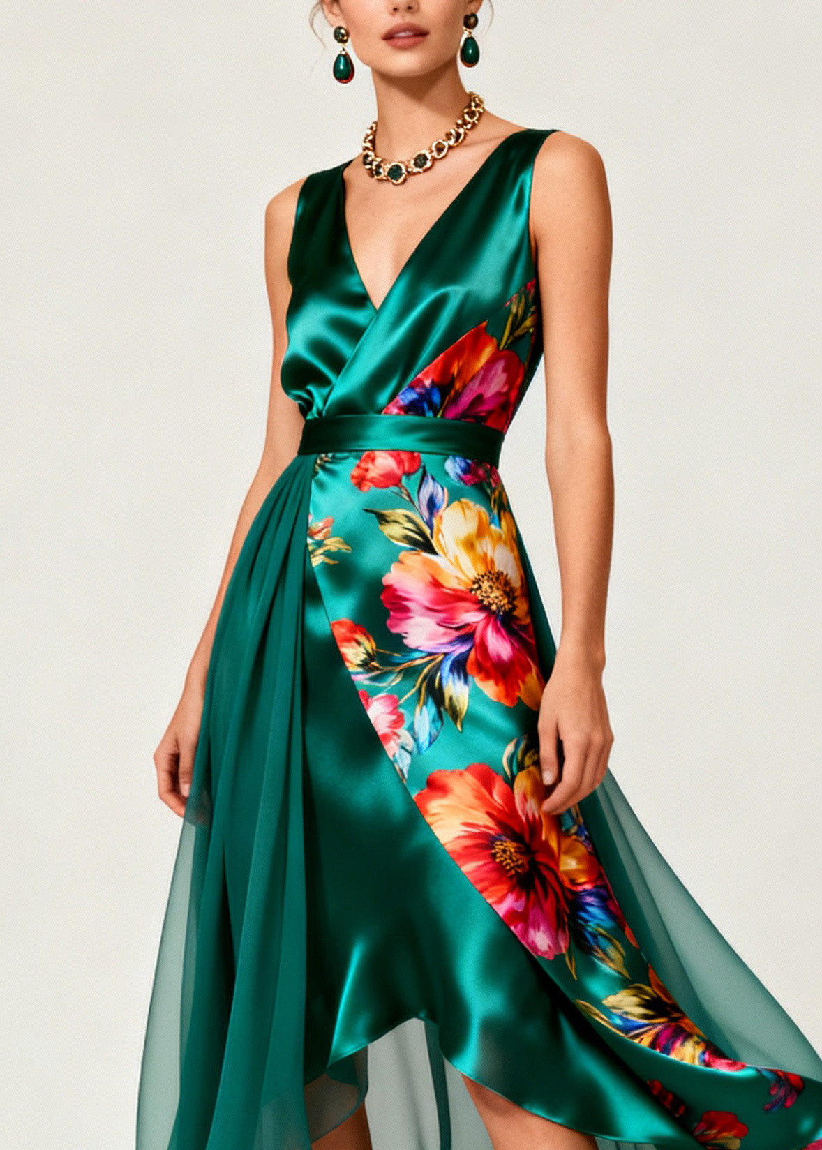 Floral Print Surplice V-Neck Sheer Drape High Low Midi Dress