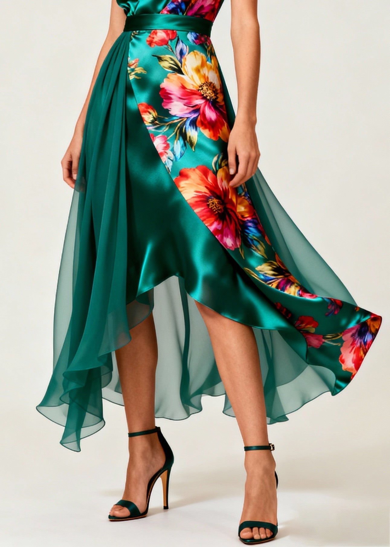 Floral Print Surplice V-Neck Sheer Drape High Low Midi Dress
