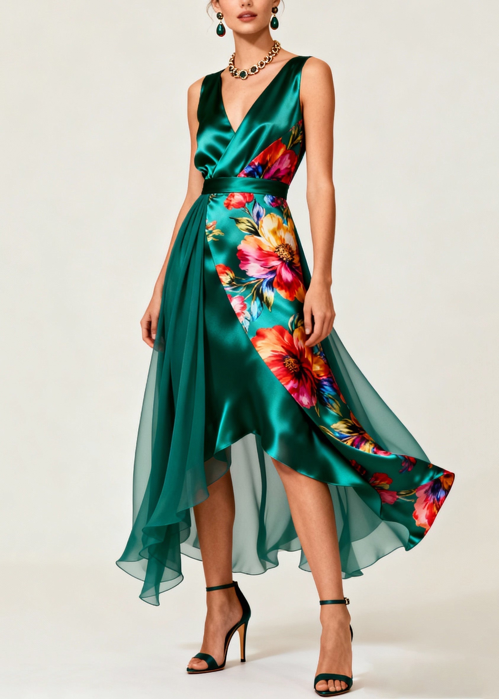 Floral Print Surplice V-Neck Sheer Drape High Low Midi Dress