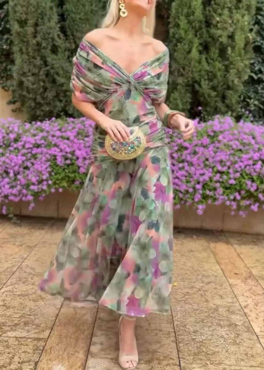 Boutique Green V Neck Print Tulle Maxi Dress Summer 4