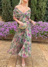 Boutique Green V Neck Print Tulle Maxi Dress Summer 4