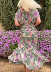 Boutique Green V Neck Print Tulle Maxi Dress Summer 5
