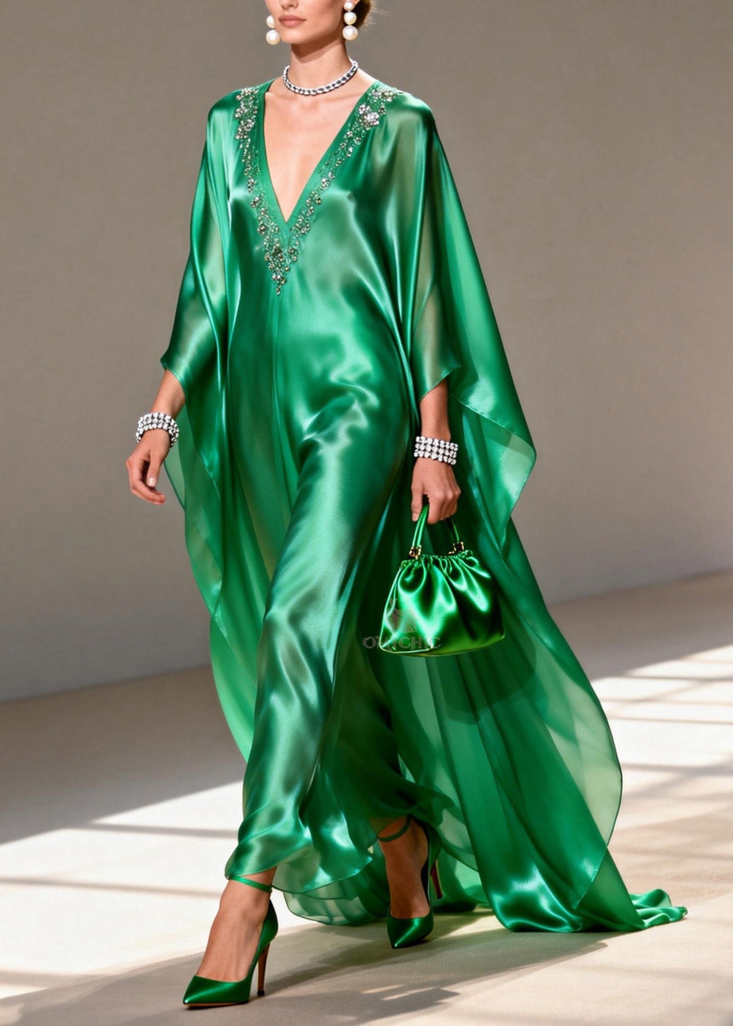 Satin Rhinestone Trim Deep V-Neck Long Cape Sleeve Kaftan Maxi Gown
