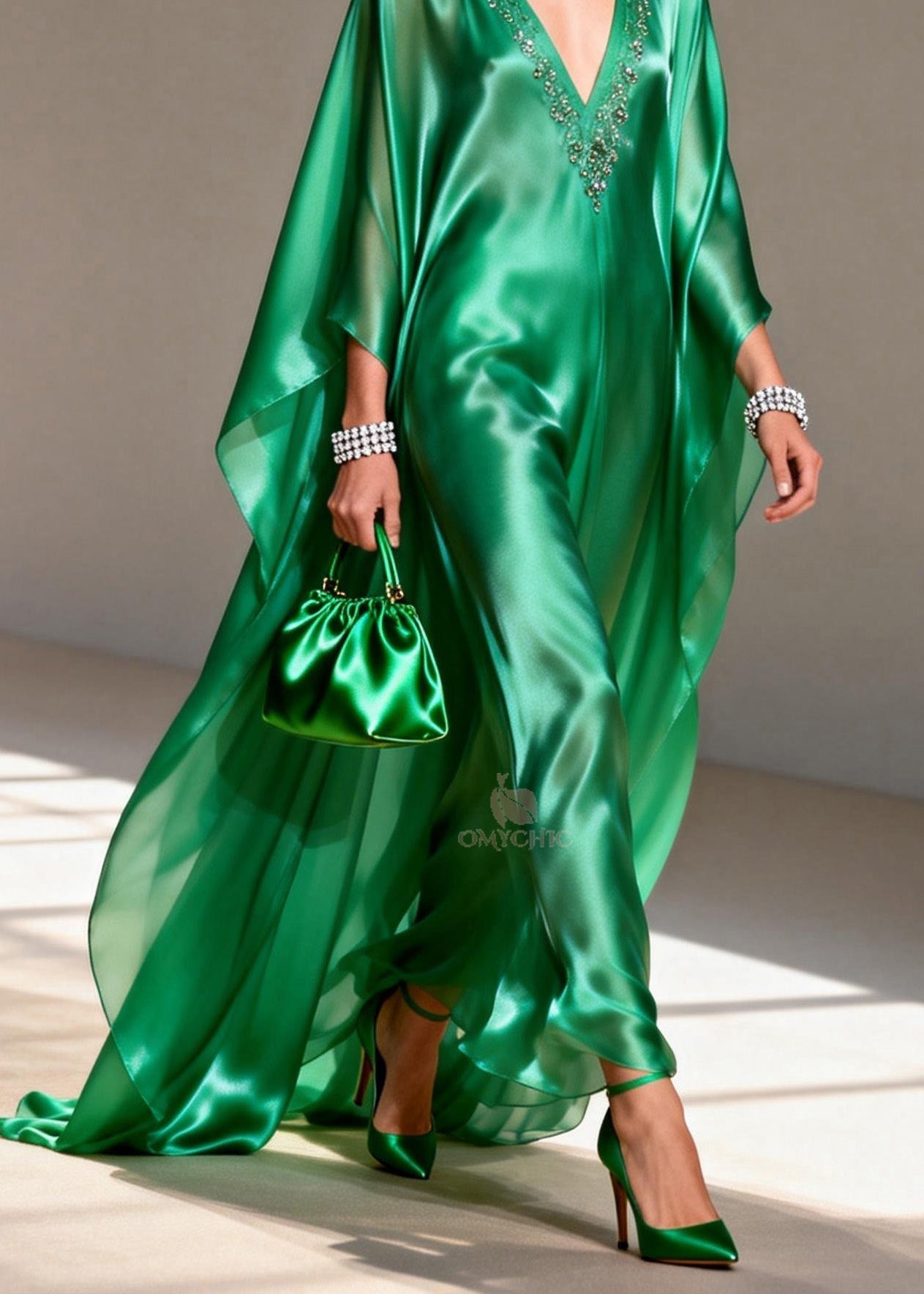 Satin Rhinestone Trim Deep V-Neck Long Cape Sleeve Kaftan Maxi Gown