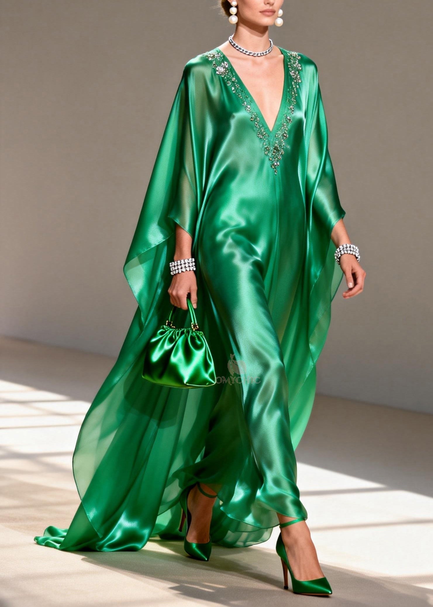 Satin Rhinestone Trim Deep V-Neck Long Cape Sleeve Kaftan Maxi Gown