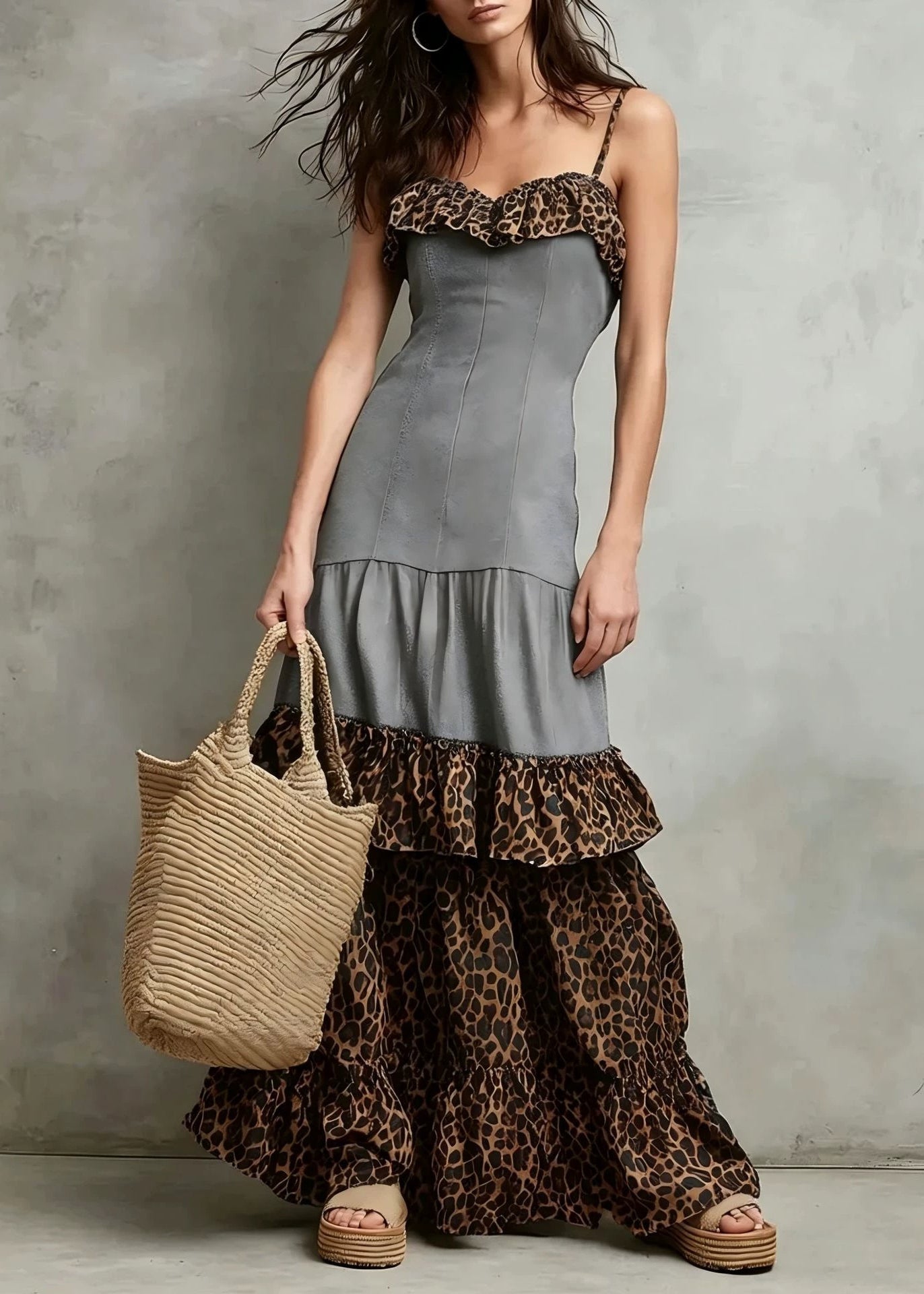 Boutique Grey Ruffled Patchwork Cotton Spaghetti Strap Dress Summer