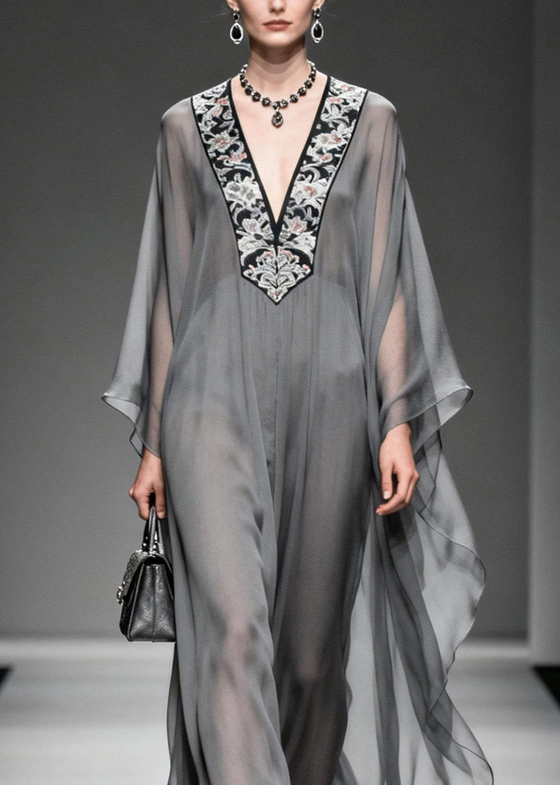 Floral Embroidery Deep V-Neck Angel Sleeve Sheer Chiffon Kaftan Maxi Dress