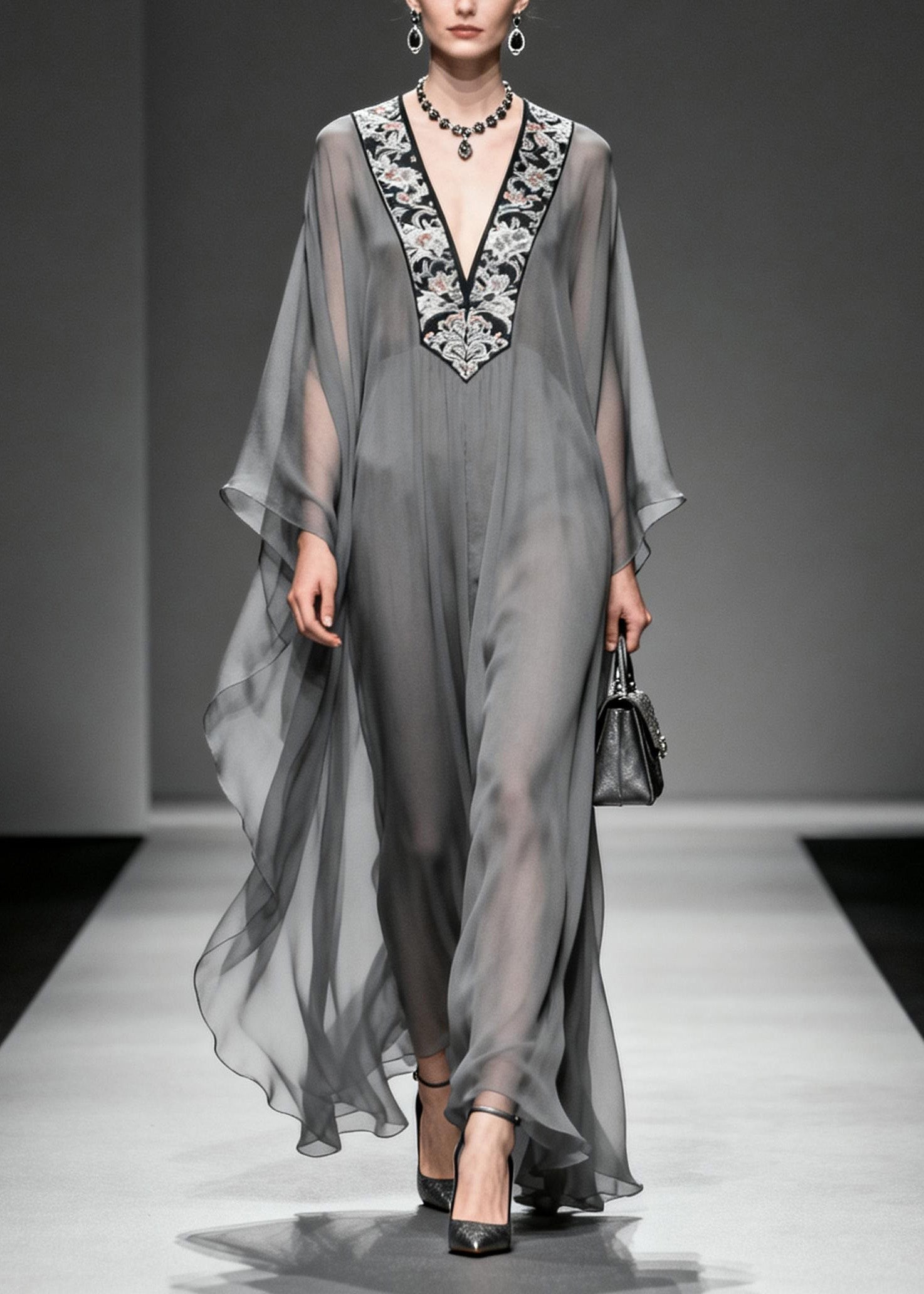 Floral Embroidery Deep V-Neck Angel Sleeve Sheer Chiffon Kaftan Maxi Dress