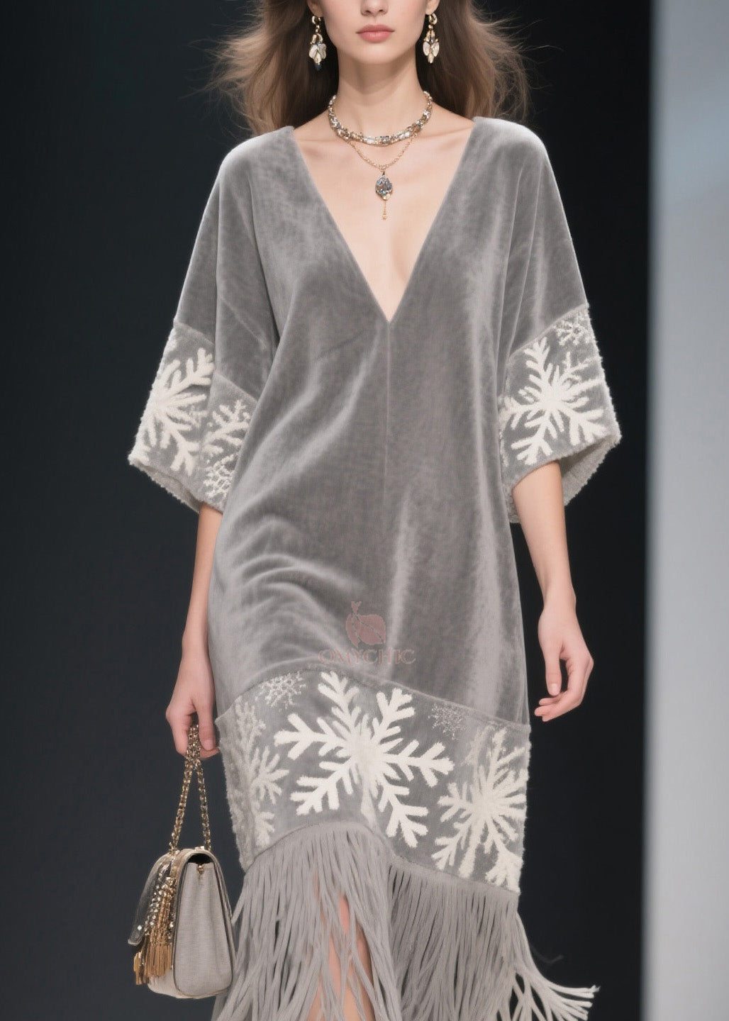 Velvet Deep V-Neck Snowflake Embroidery Wide Sleeve Fringe Hem Midi Dress