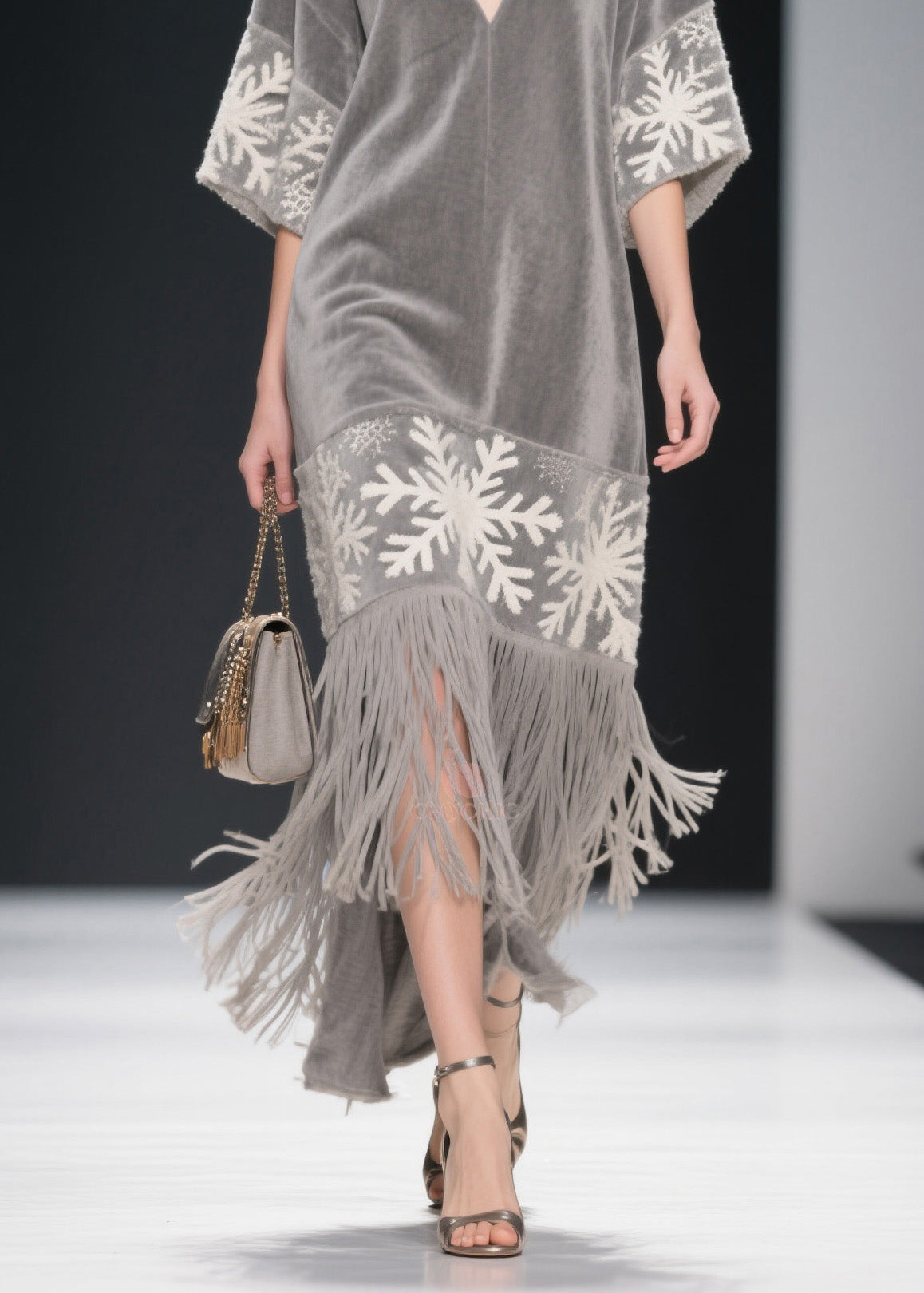 Boutique Grey V Neck Tassel Patchwork Velvet Dress Summer