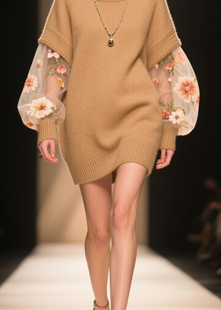 Turtleneck Floral Embroidered Mesh Bishop Sleeve Knit Sweater Mini Dress