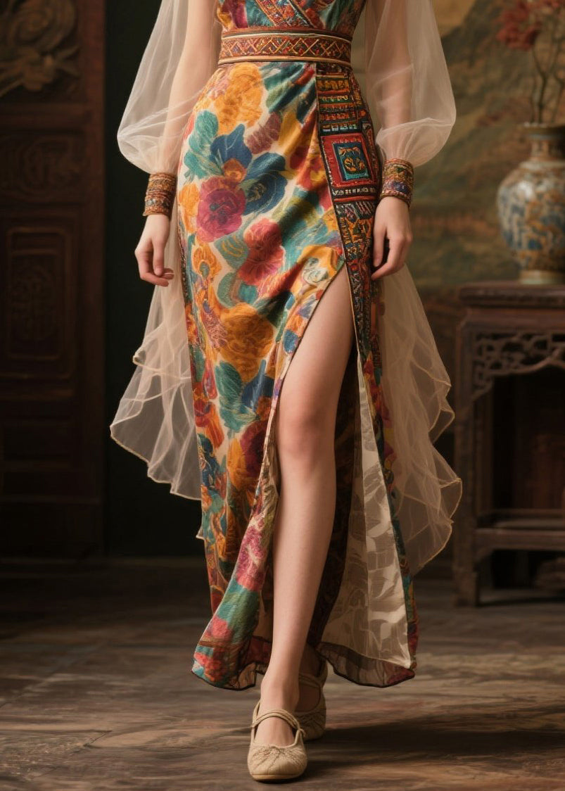 Floral Print Wrap Deep V-Neck Embroidered Trim Balloon Sleeve High Split Maxi Gown