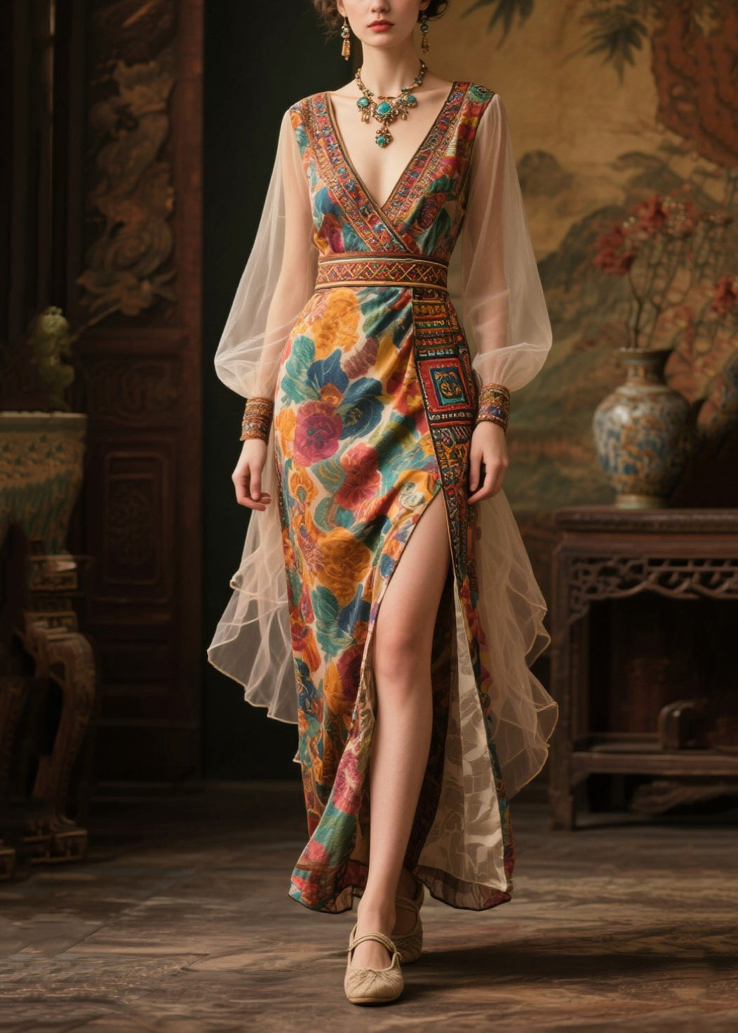 Floral Print Wrap Deep V-Neck Embroidered Trim Balloon Sleeve High Split Maxi Gown