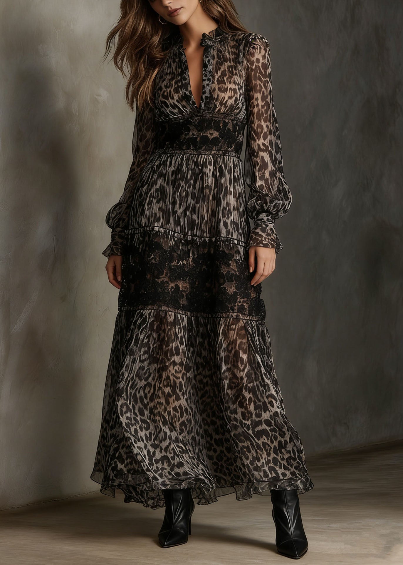 Animal Print Lace Trim Deep V-Neck Ruffle Collar Tiered Long Sleeve Maxi Dress