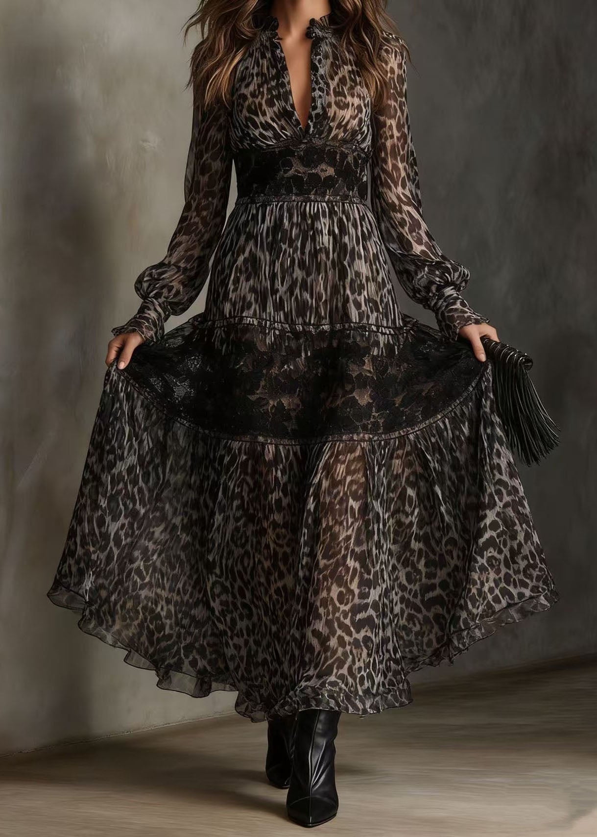 Animal Print Lace Trim Deep V-Neck Ruffle Collar Tiered Long Sleeve Maxi Dress