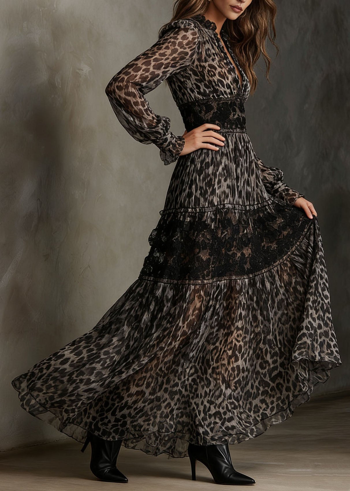 Animal Print Lace Trim Deep V-Neck Ruffle Collar Tiered Long Sleeve Maxi Dress