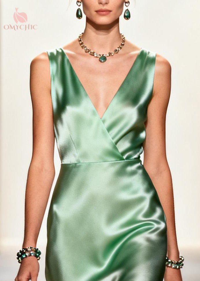 Satin Wrap V-Neck Sleeveless Chiffon Ruffle High Low Hem Midi Dress