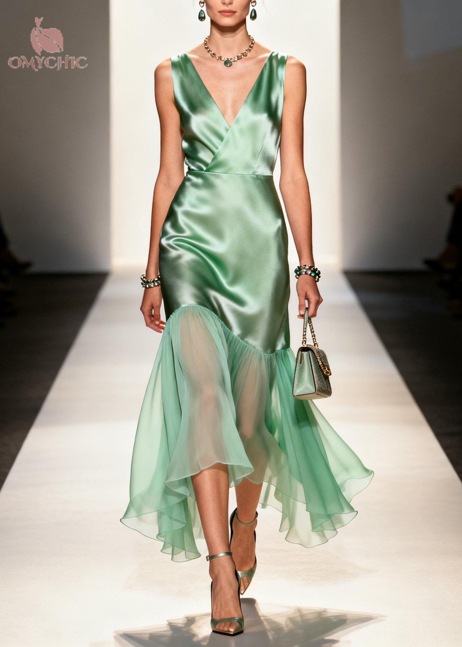 Satin Wrap V-Neck Sleeveless Chiffon Ruffle High Low Hem Midi Dress