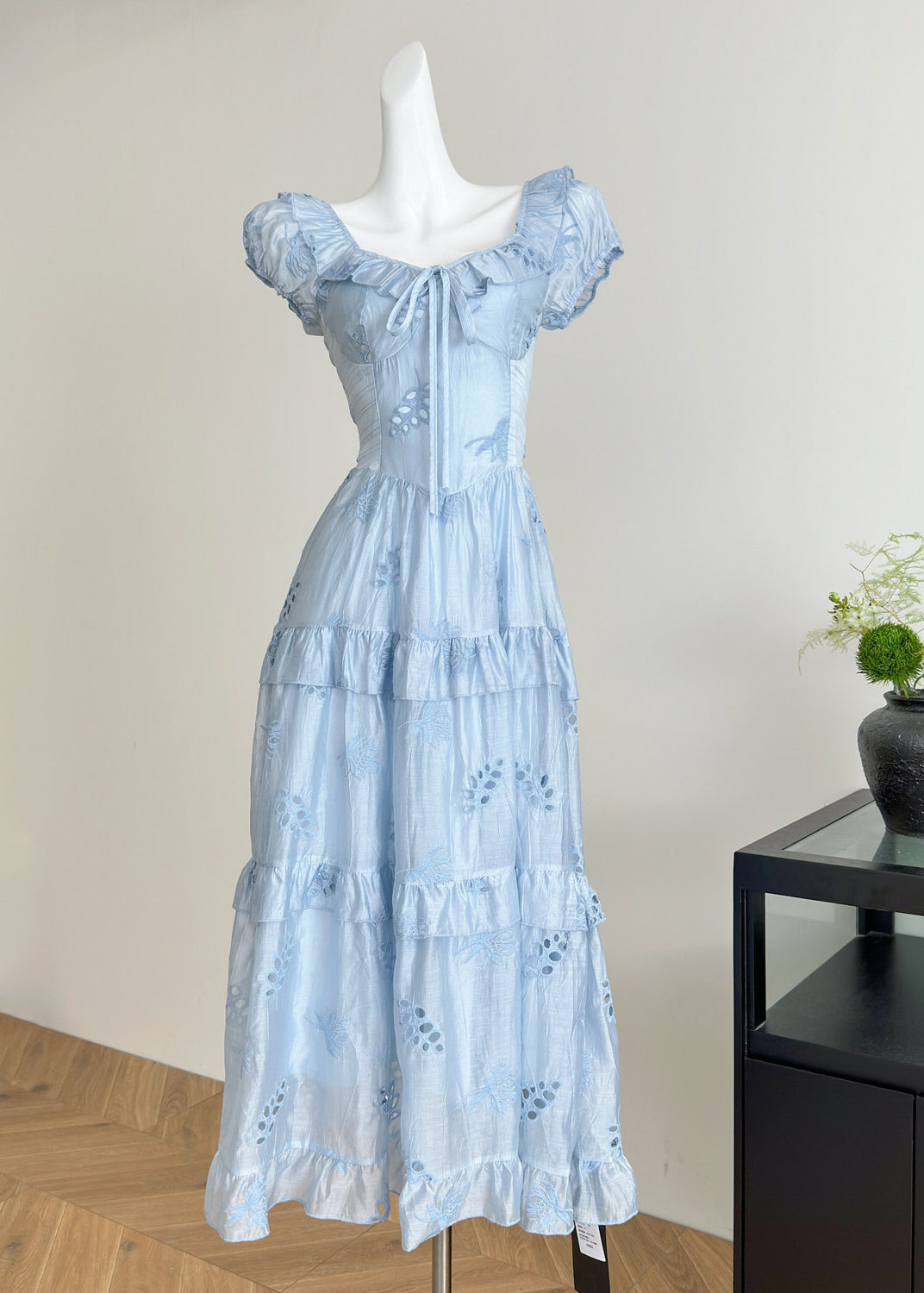 Eyelet Embroidery Square Neck Tie Ruffle Puff Sleeve Tiered Maxi Dress