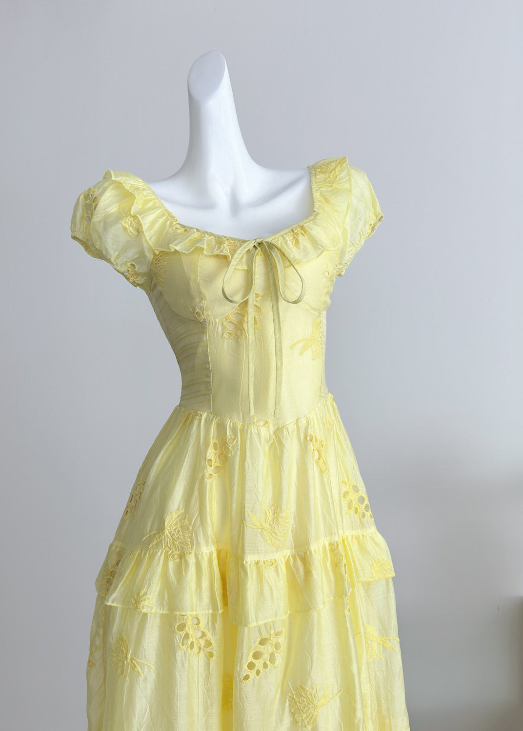 Eyelet Embroidery Square Neck Tie Ruffle Puff Sleeve Tiered Maxi Dress