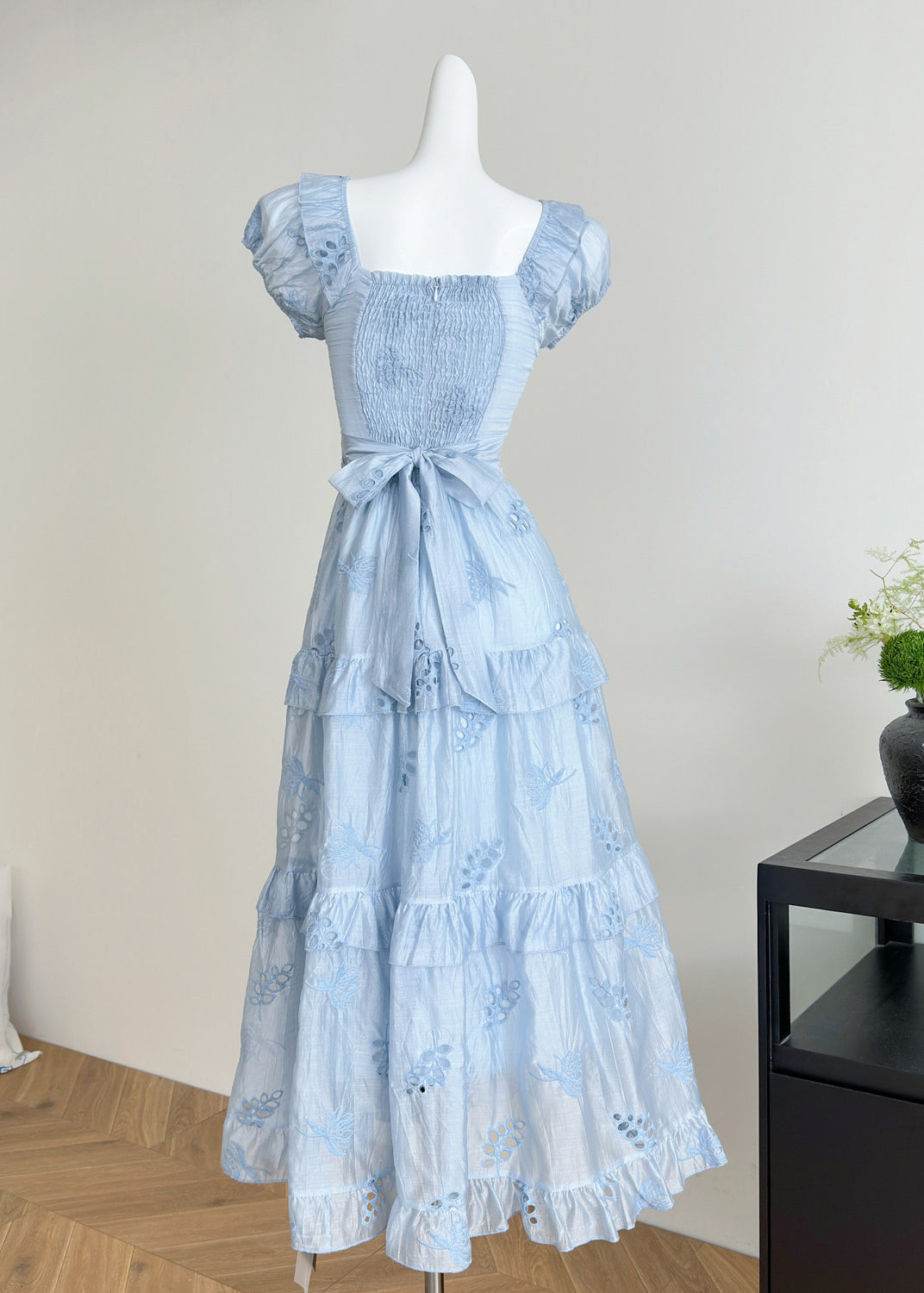 Eyelet Embroidery Square Neck Tie Ruffle Puff Sleeve Tiered Maxi Dress