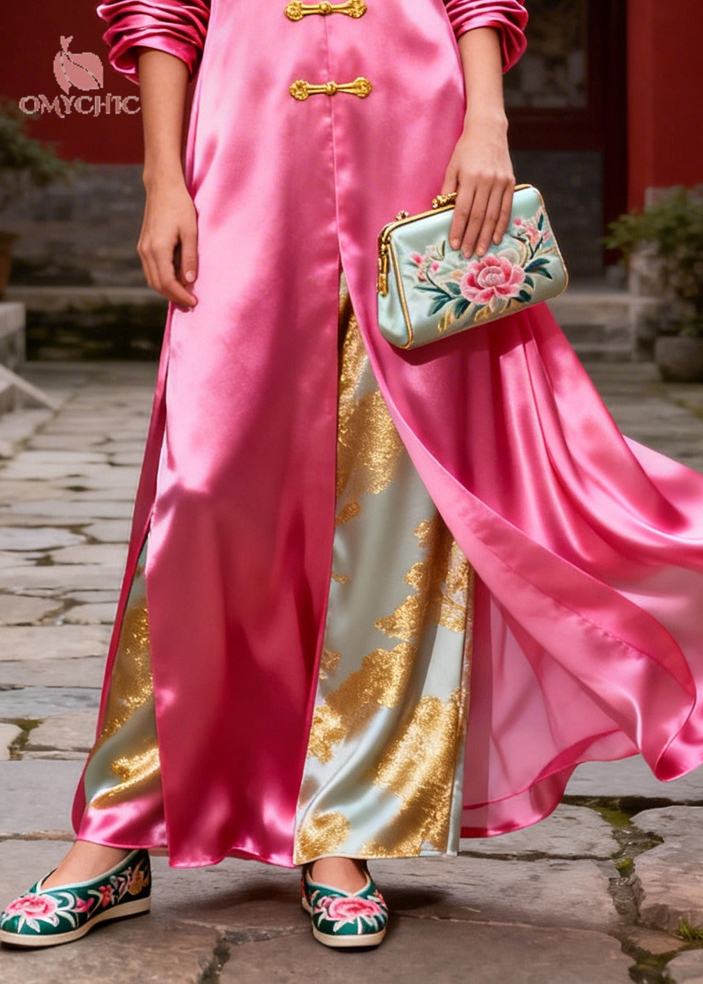 Jacquard Floral Satin Frog Button Side Slit Faux Two-Piece Wide Leg Maxi Dress