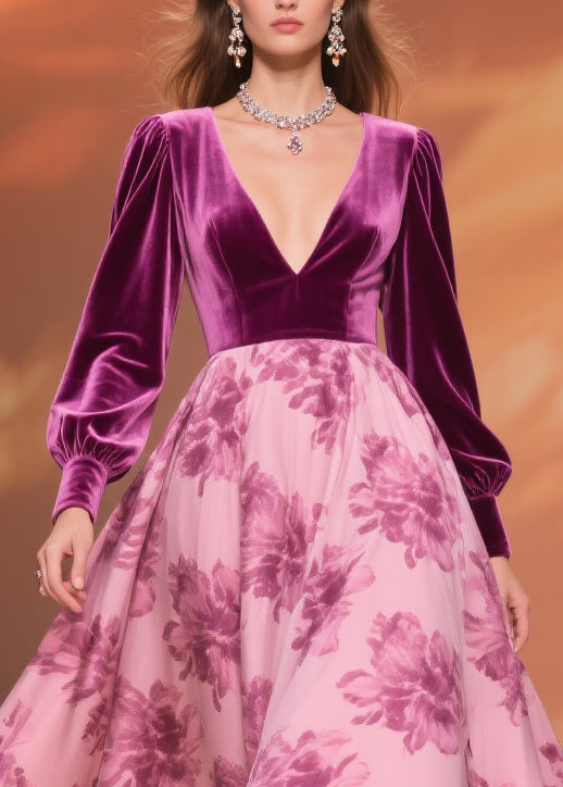 Velvet Patchwork Floral Print Deep V-Neck Bishop Sleeve A-Line Midi Dress