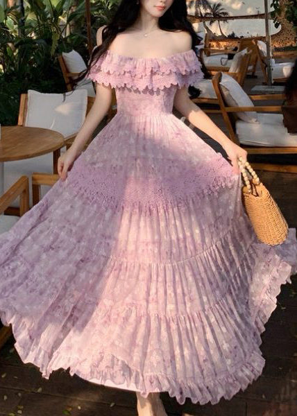 Boutique Purple Ruffled Patchwork Lace Strapless Dress Summer