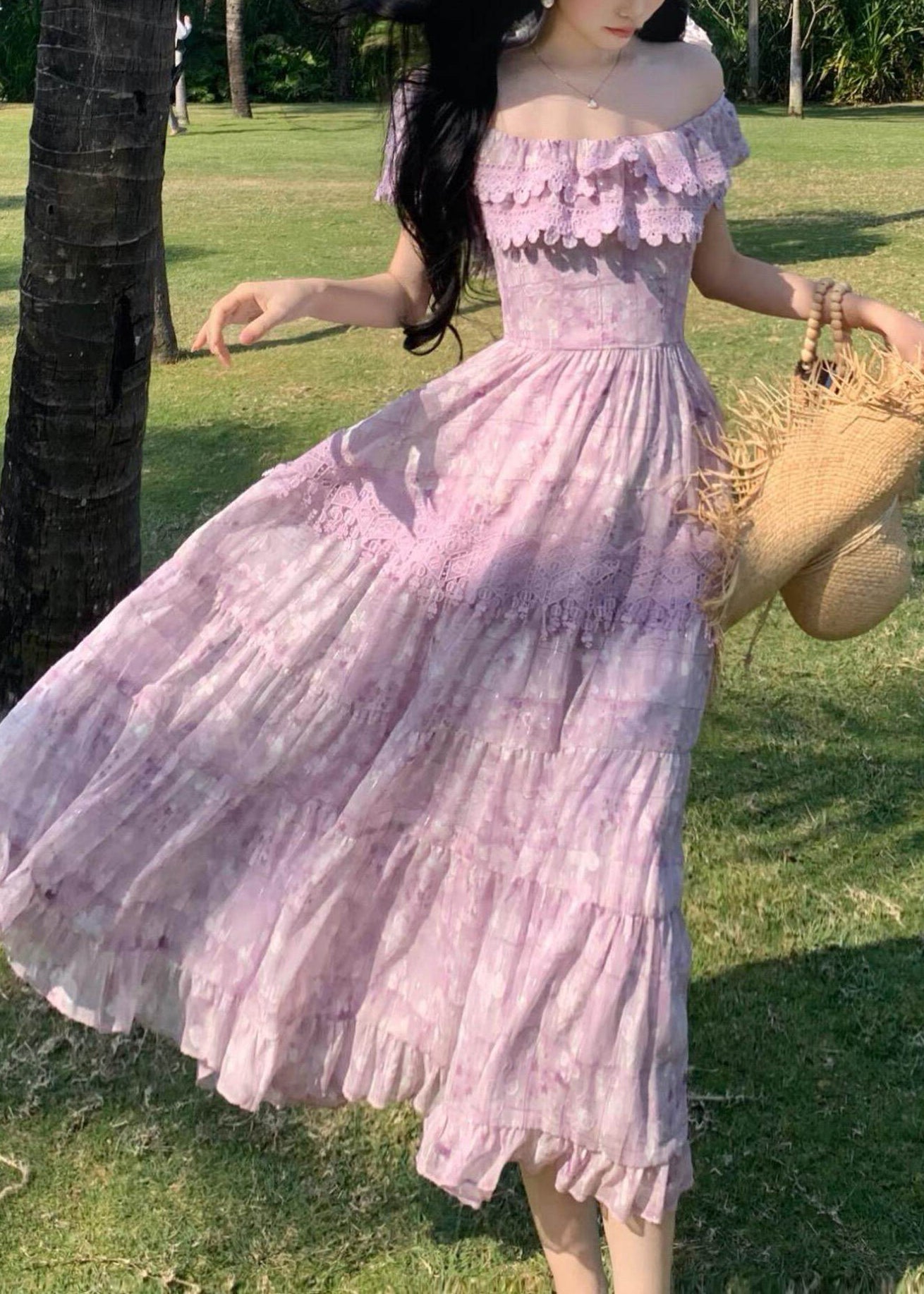 Boutique Purple Ruffled Patchwork Lace Strapless Dress Summer 2